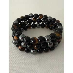 Set of 3 Tiger’s Eye Pattern and Hematite Finish Stretch Bracelets